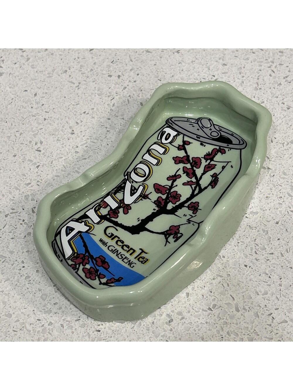 90s 00s AriZona Green Iced Tea Type Ashtray Ceramic Ash Tray Crushed Can